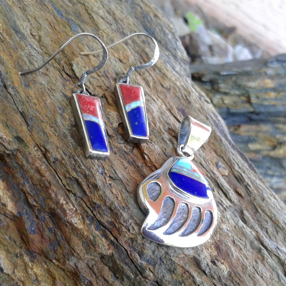 Sterling Silver Multi Inlay Bear Claw Pendant SET - Picture 4 of 6